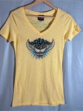 Harley-Davidson V-Neck Shirt Sz Med Yellow Blue Bling Heart Wings Short Sleeve